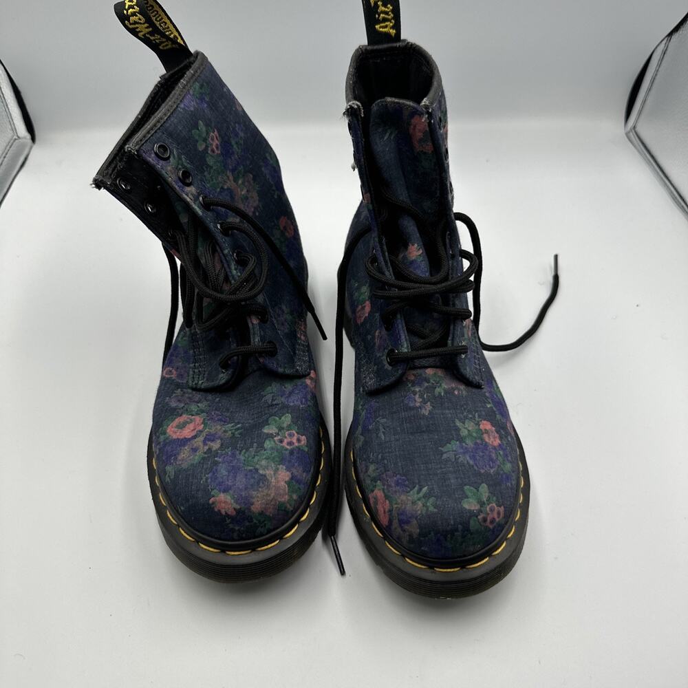 Dr Martens Combat Ankle Boots Blue Floral Textile Womens Shoe Size US 7 EU 38